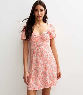 Pink Abstract Print Ruffle Trim Mini Dress