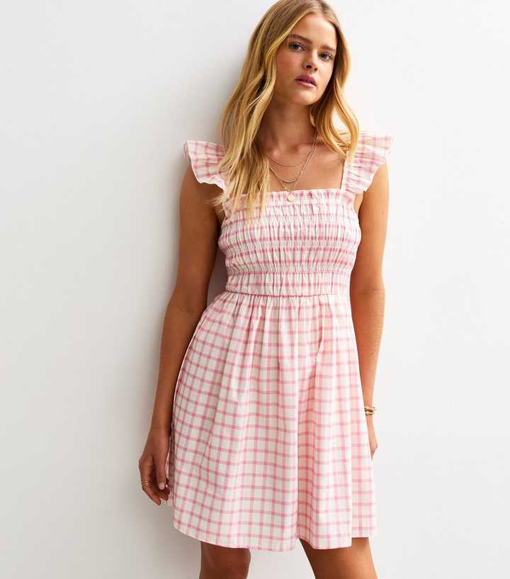 Pink Gingham Print Shirred Frill Strap Mini Dress