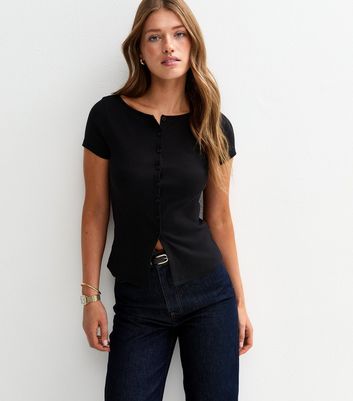 Short sleeve hem rib tee (BLACK) ennoy Black Ribbed Jersey Button 