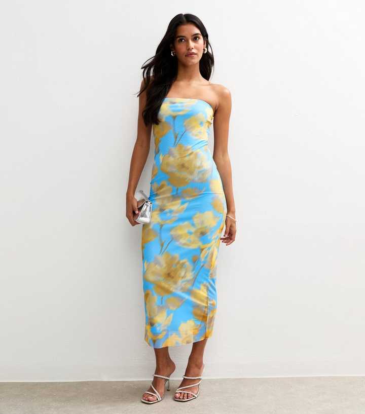 Blue Floral Print Mesh Bandeau Midi Dress