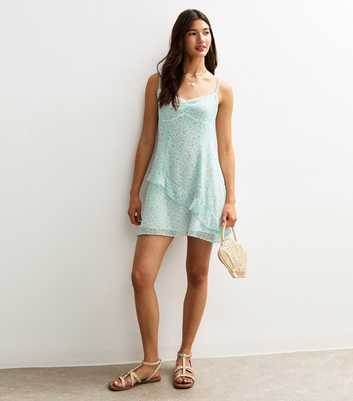 Blue Floral Print Chiffon Frill Trim Mini Dress