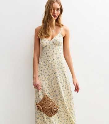 Cream Floral Print Crinkle Strappy Midi Dress