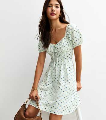 White Floral Print Puff Sleeve Mini Dress