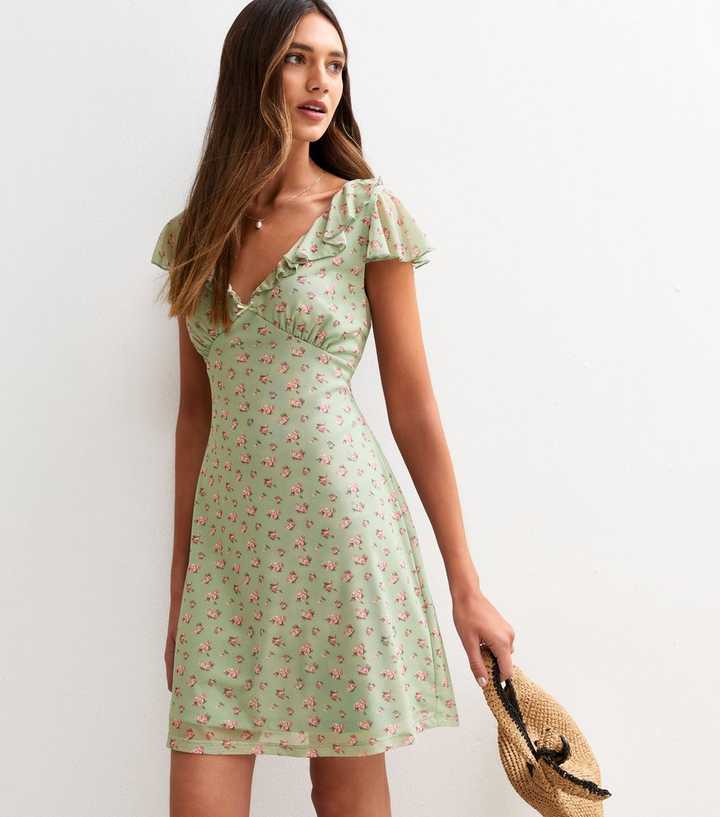 Green Floral Print Frilly Trim Chiffon Mini Dress