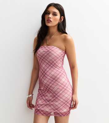 Pink Check Mesh Bandeau Mini Dress
