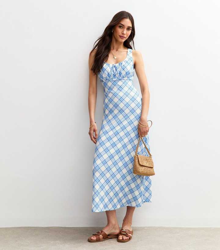 Blue Crinkled Jersey Checked Milkmaid Midi Dress