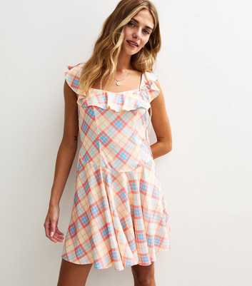 Pink Check Print Ruffle Front Side Bow Mini Dress