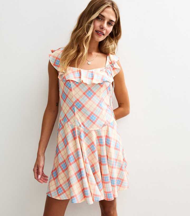 Pink Check Print Ruffle Front Side Bow Mini Dress