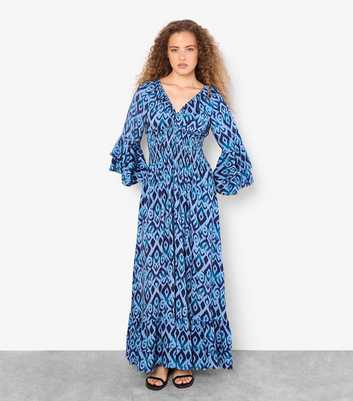 Apricot Blue Printed Bell Sleeve Maxi Dress