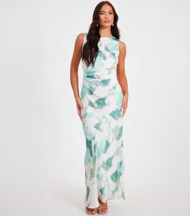 Quiz Sage Marble Print Ruched Satin Maxi Dress