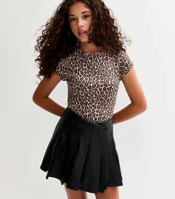 Girls Black Faux Leather Asymmetric Pleated School Skort