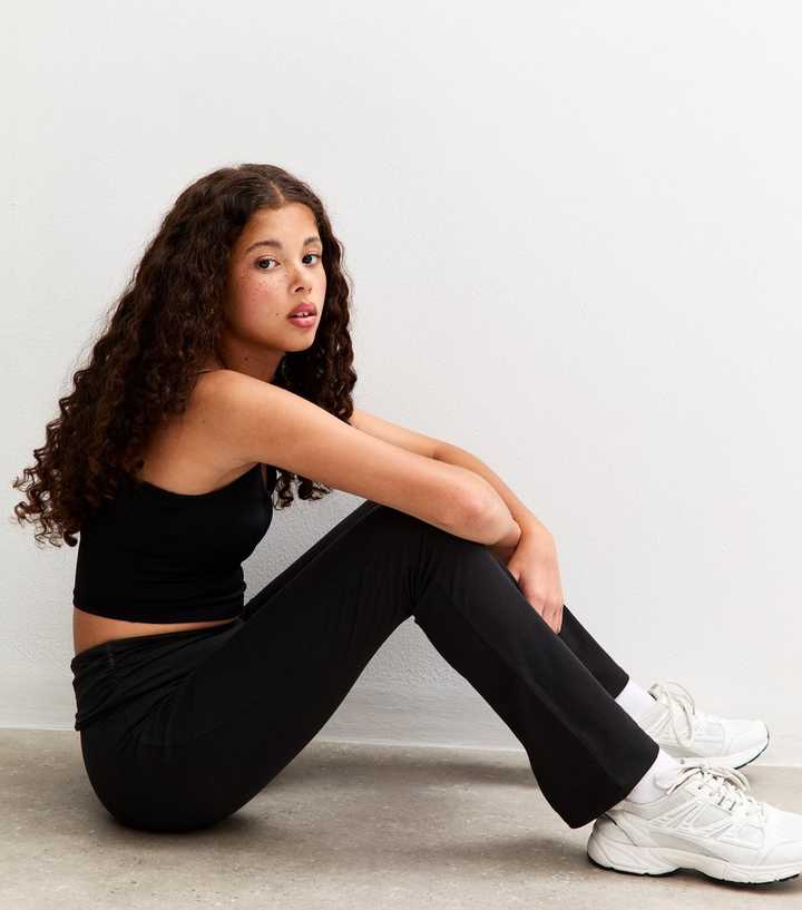 Girls Black Folded Waist Flared Jersey Leggings
