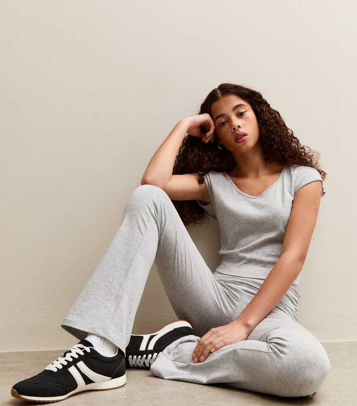 Girls Grey Folded Waist Flared Jersey Leggings
