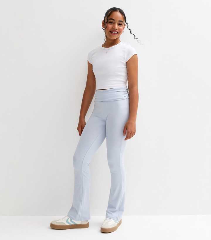 Girls Light Blue Folded Waist Flared Jersey Leggings 