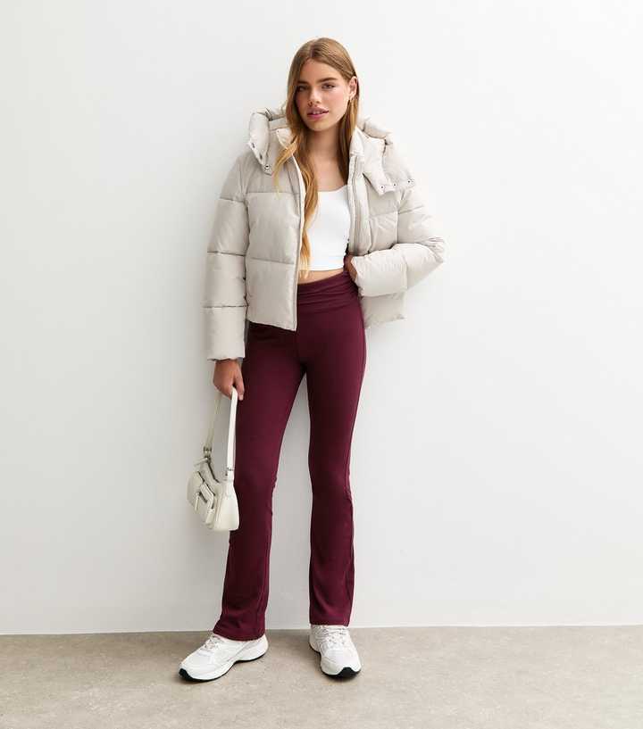 Girls Dark Burgundy Folded Waist Flared Jersey Leggings