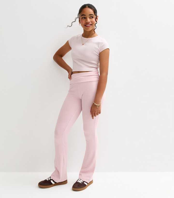 Girls Pink Folded Waist Flared Jersey Leggings 
