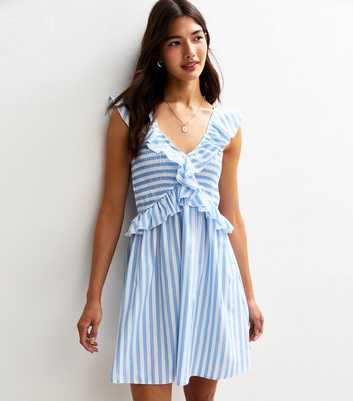 Blue Striped Print Ruffle Trim Shirred Mini Dress