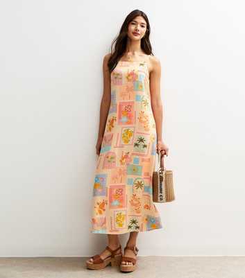 Cream Italy Print Square Neck Midi Dress