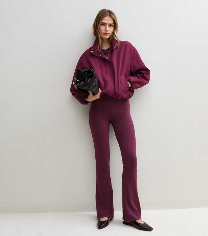 Dark Burgundy High Waist Jersey Kick Flare Leggings