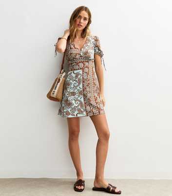 Blue Paisley Print V-Neck Tie Sleeve Mini Dress