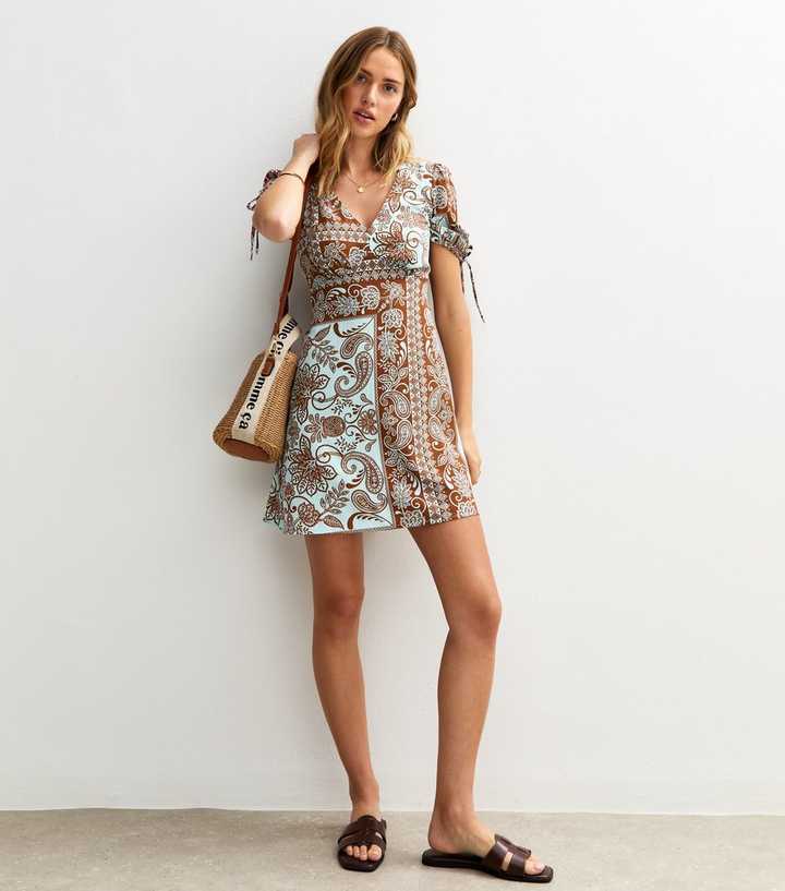Blue Paisley Print V-Neck Tie Sleeve Mini Dress