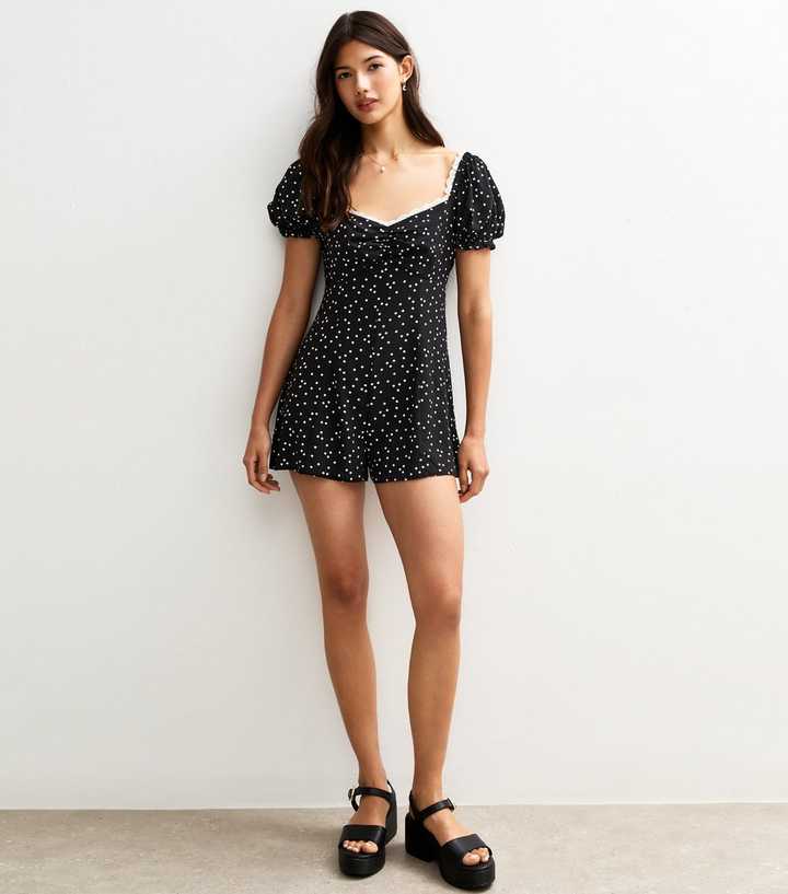 Black Polka Dot Lace Trim Playsuit