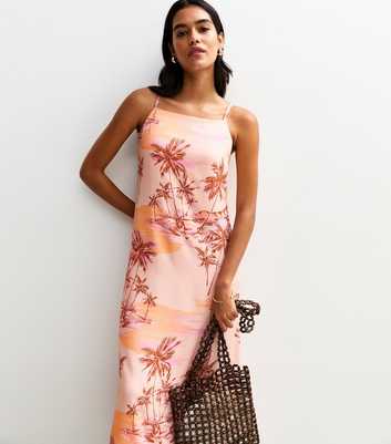 Pink Palm Print Square Neck Midi Dress