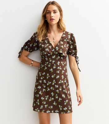 Brown Rose Print V-Neck Tie Sleeve Mini Dress