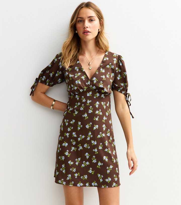 Brown Rose Print V-Neck Tie Sleeve Mini Dress