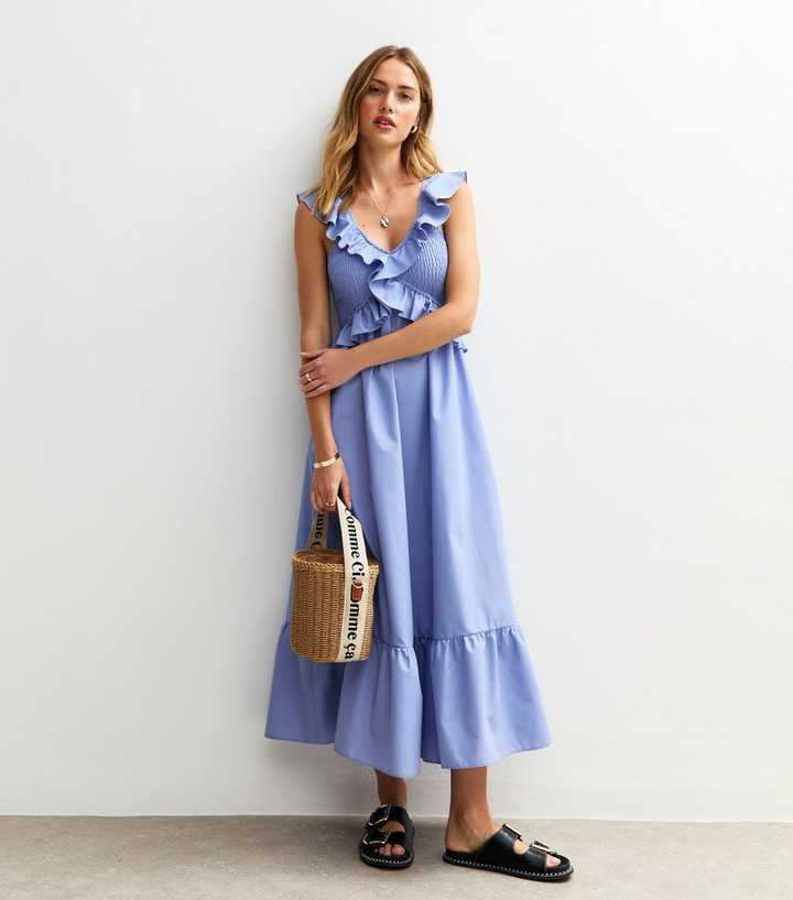 Blue Ruffle Trim Shirred Bust Midi Dress | New Look Blue Ruffle Trim Shirred Bust Midi Dress | New Look