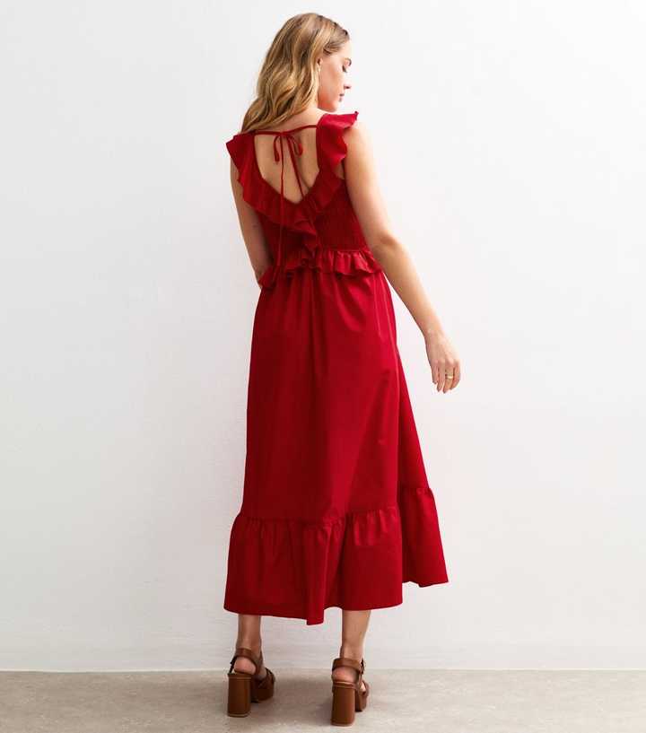 Bright Red Ruffle Trim Shirred Bust Midi Dress | New Look Bright Red Ruffle Trim Shirred Bust Midi Dress | New Look