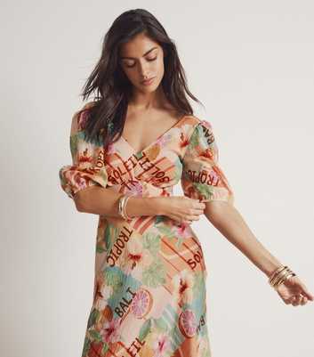 Cream Fruit Print Crinkle Texture Empire Line Midi Dress
