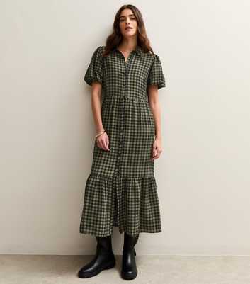 Green Check Print Midi Shirt Dress