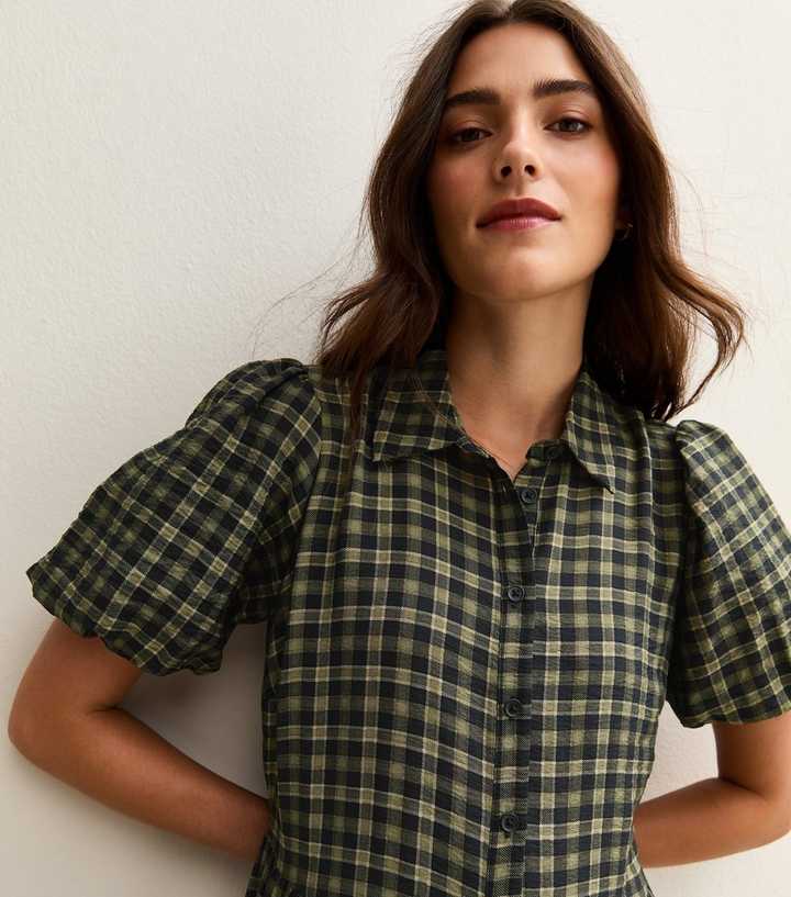 green check shirt dress Print Midi white long maxi dress