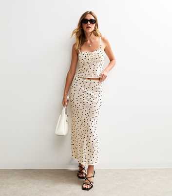 Cream Spot Print Bias Cut Midi Skirt