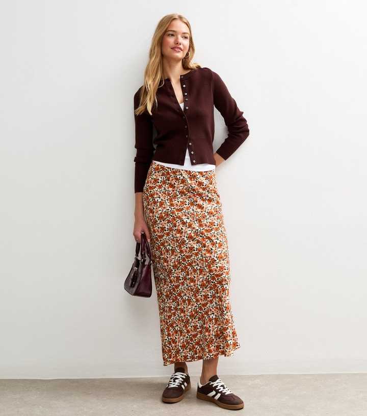 Orange Floral Print Bias Midi Skirt
