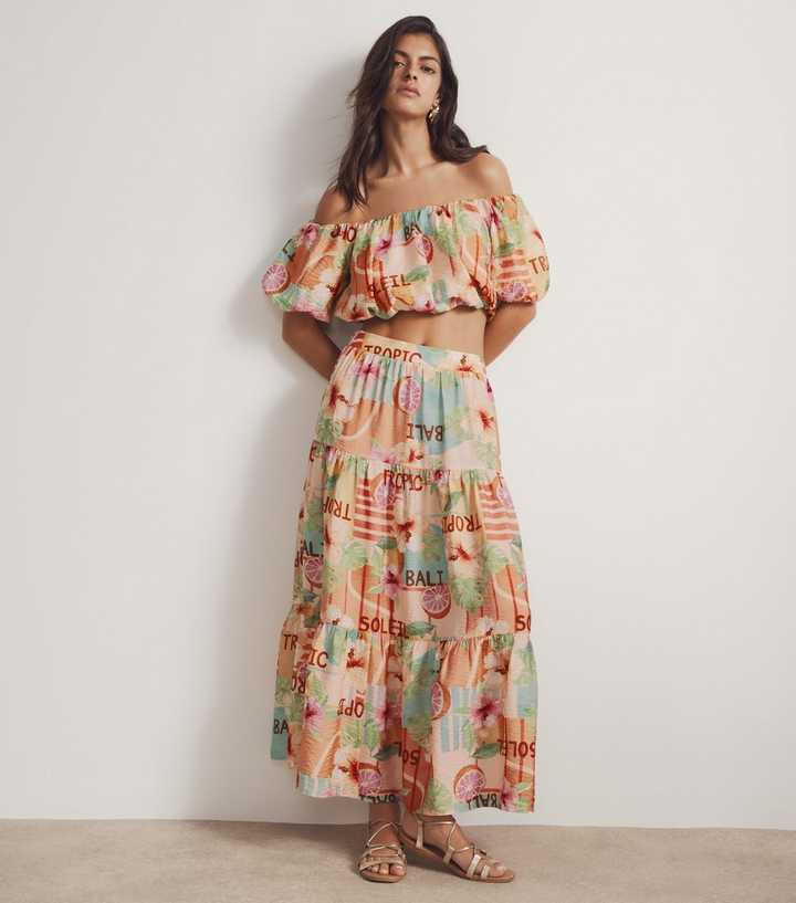 Multicolour Flower Grapefruit Print Tiered Midi Skirt
