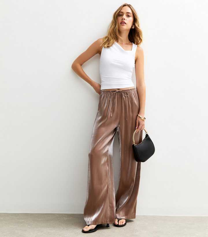 Mink Shimmer Satin Wide Leg Trousers