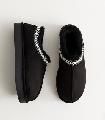 Black Faux Suede Cross Stitched Faux Fur Lined Slipper Boots | New