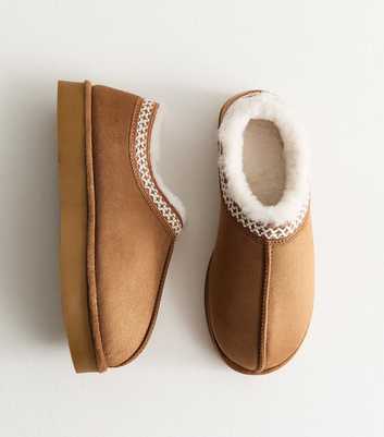 Tan Faux Suede Cross Stitched Faux Fur Lined Slipper Boots