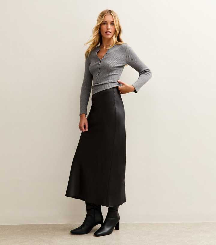 Tall Black Bias Cut Satin Midi Skirt