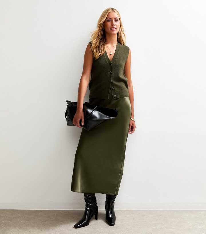 Tall Khaki Bias Cut Satin Midi Skirt