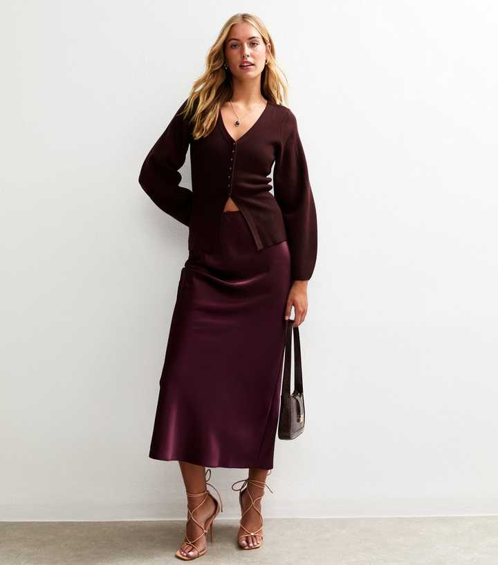 Tall Burgundy Bias Cut Satin Midi Skirt