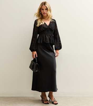 Petite Black Satin Midi Skirt