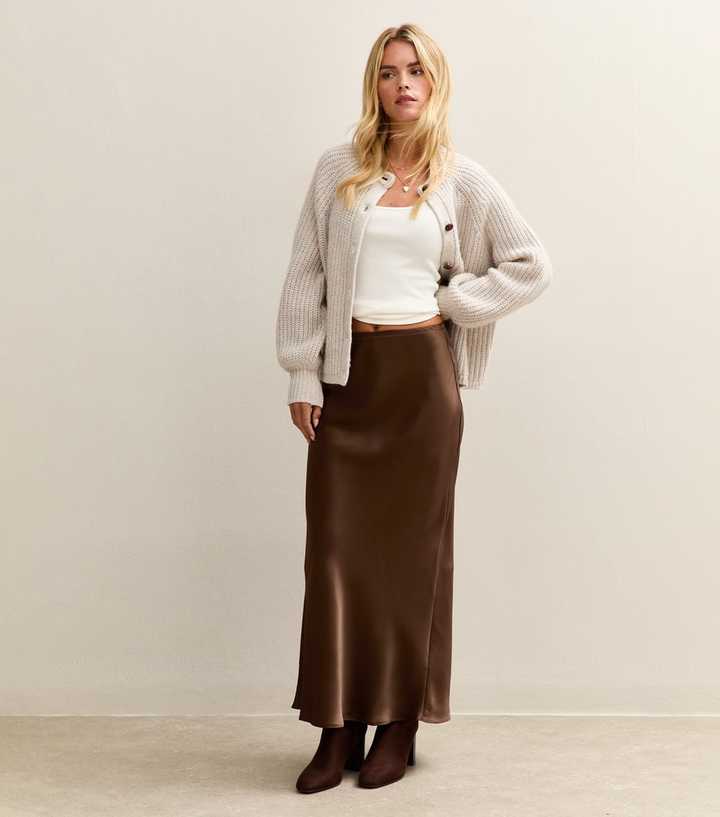 Petite Brown Satin Midi Skirt