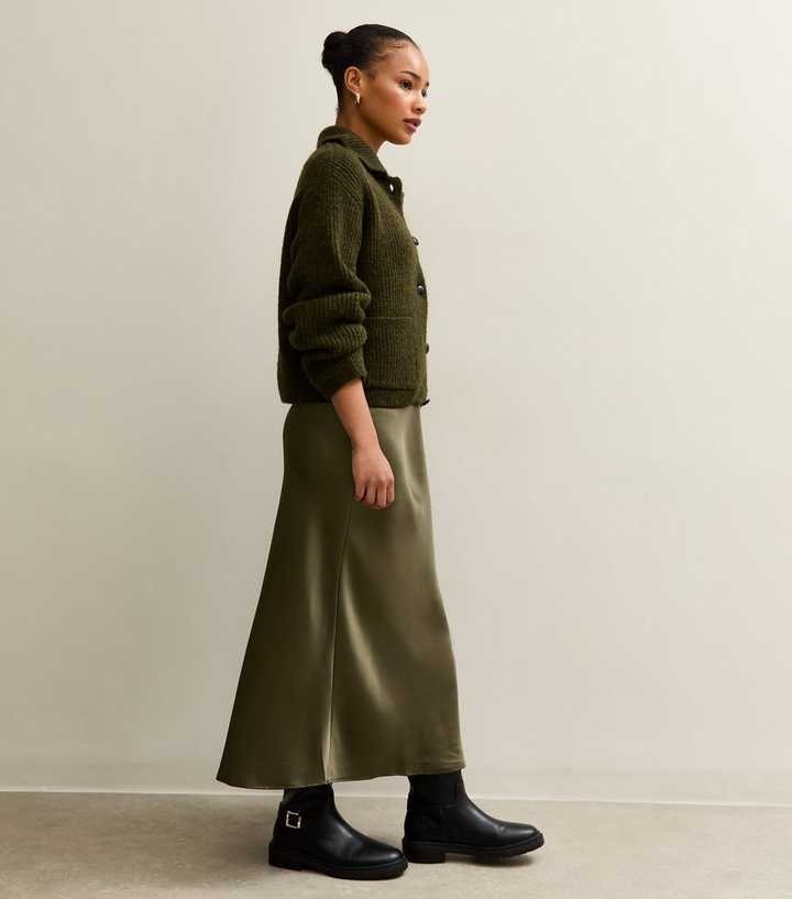 Petite Khaki Satin Midi Skirt