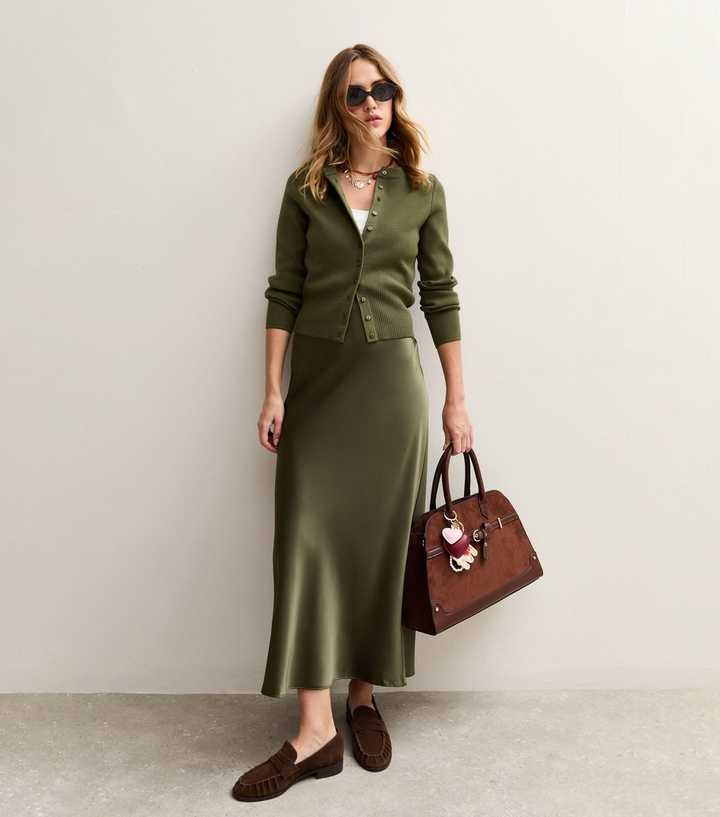 Light Khaki Satin Bias Cut Midi Skirt