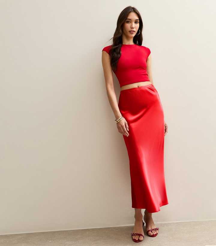 Bright Red Satin Bias Cut Midi Skirt New Look