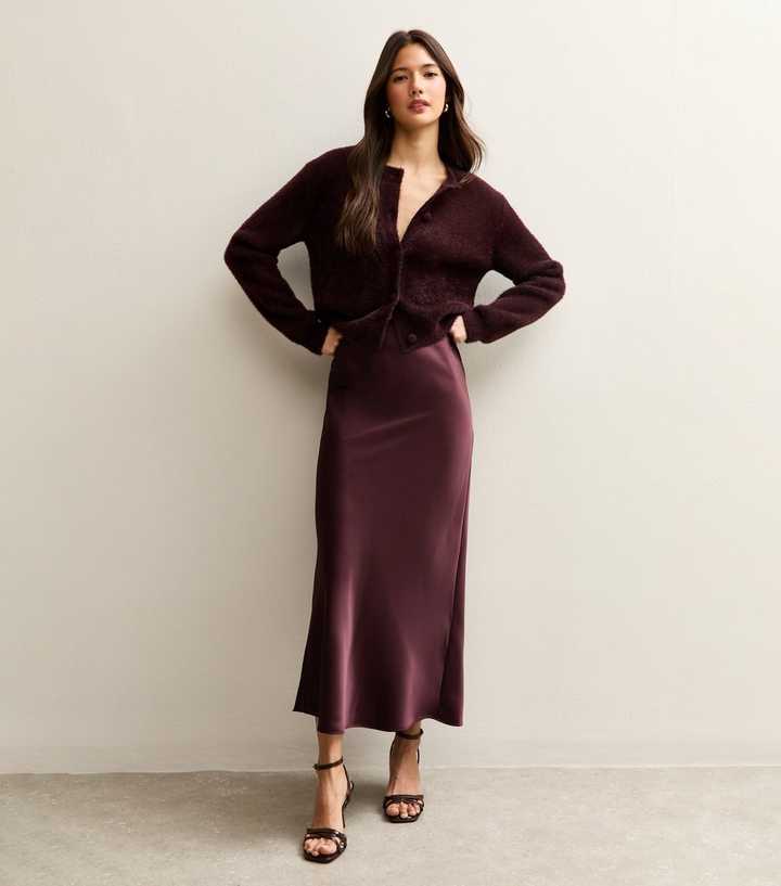 Dark Burgundy Satin Bias Cut Midi Skirt