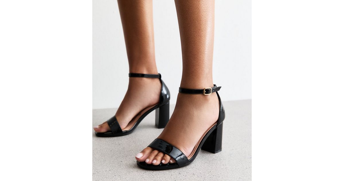 Wide Fit Black Faux Patent Leather Block Heel Sandals | New Look